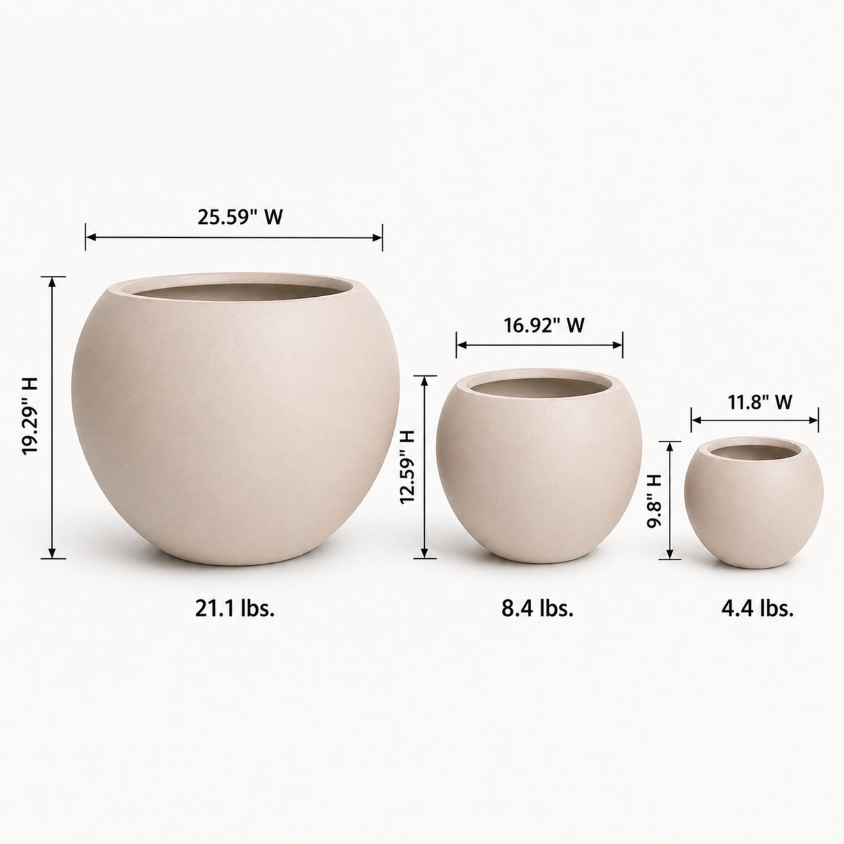 Set of 3 Smooth Round Polystone Indoor/Outdoor Planters, Sand