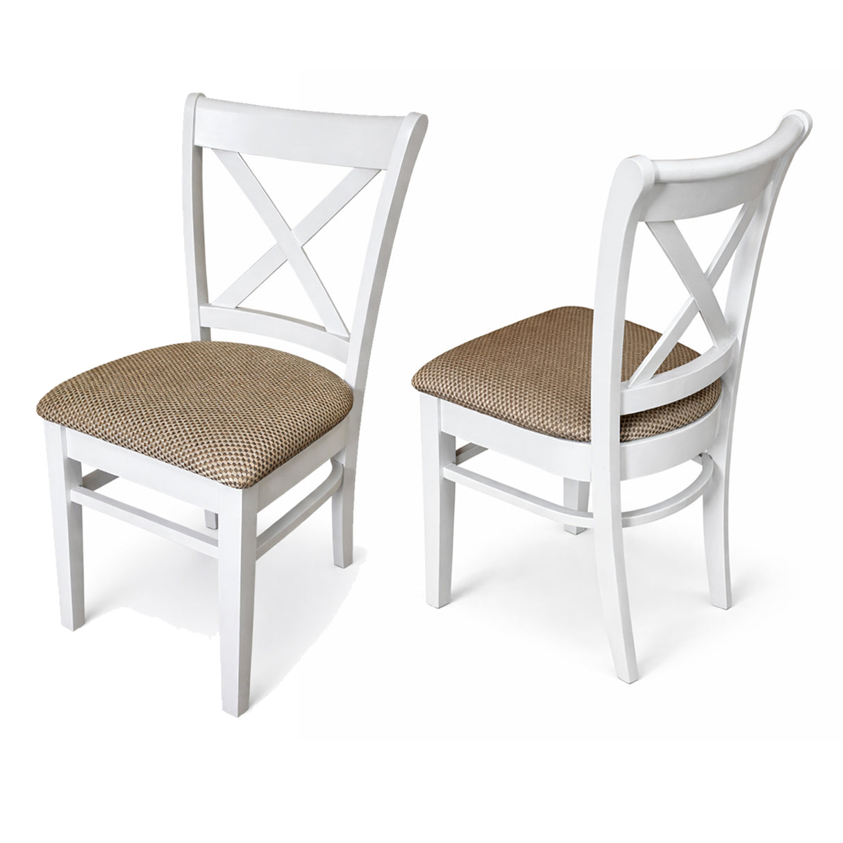 Farmhouse Dining Chairs, Set of 2, White Finish with Brown Polyester Upholstered Seats Solid Rubberwood