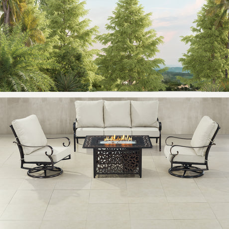 Black Aluminum Fire Table Set with Sofa and Two Club Chairs - Sharicks