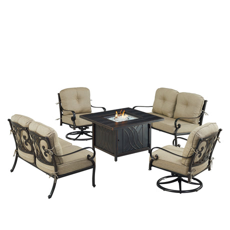 Black Aluminum Fire Table Set with Two Deep Seating Loveseat with Cushions and Two Club Chairs - Sharicks