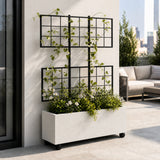 Wide Smooth Polystone Rectangular Planter with Steel Trellis and Wheels, White