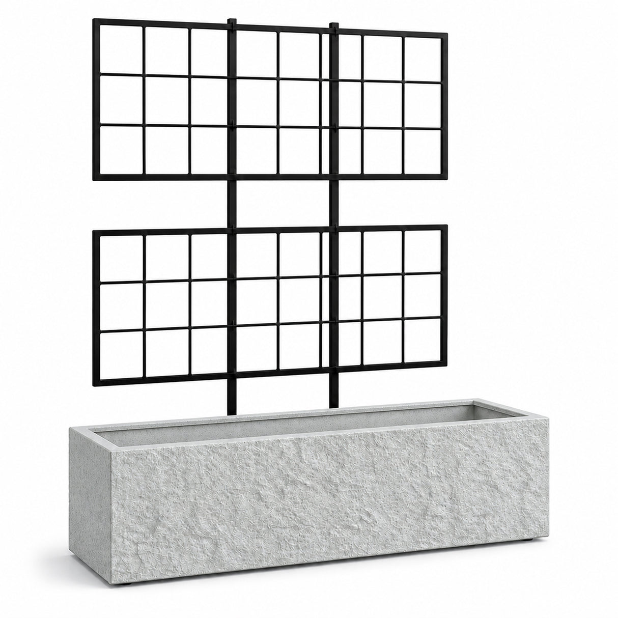 Rock Texture Rectangular Polystone Planter with Steel Trellis, Gray