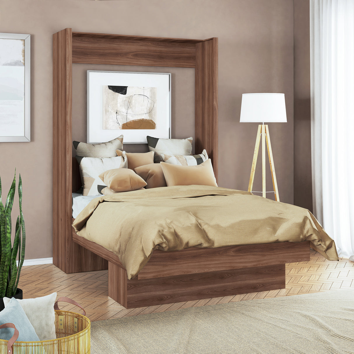 Easy-Lift Full Murphy Wall Bed in Natural Brown Wood Grain with Shelf