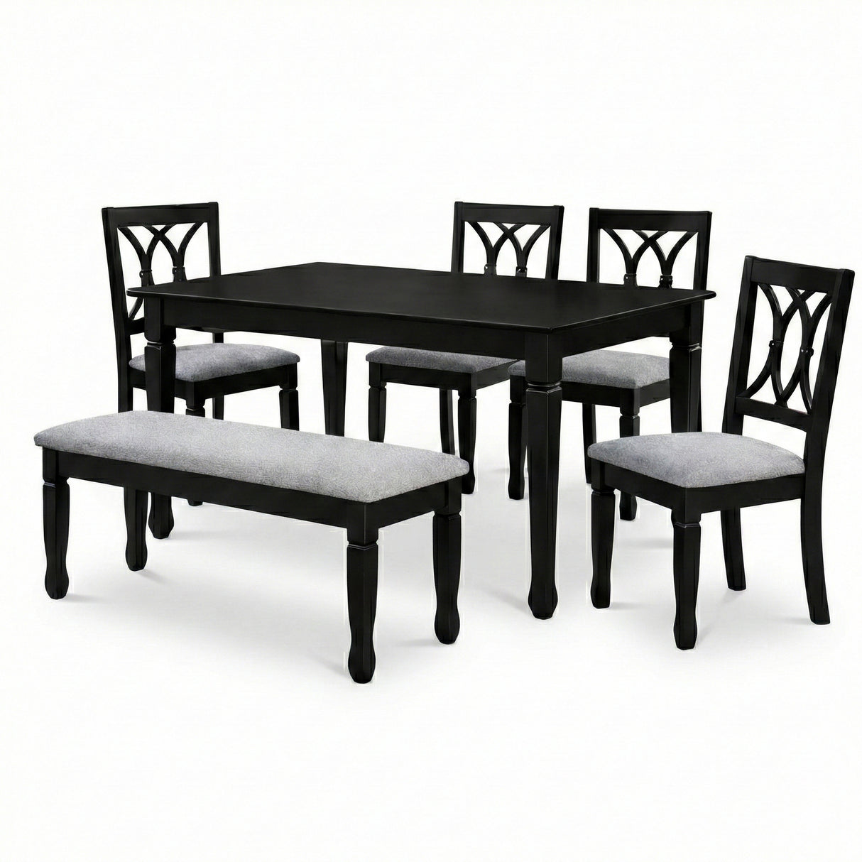 Traditional 6-Piece 63 Inch Rectangular Dining Set, Black Finish with Grey Polyester Upholstered Seating, Solid Rubberwood