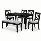 Traditional 6-Piece 63 Inch Rectangular Dining Set, Black Finish with Grey Polyester Upholstered Seating, Solid Rubberwood