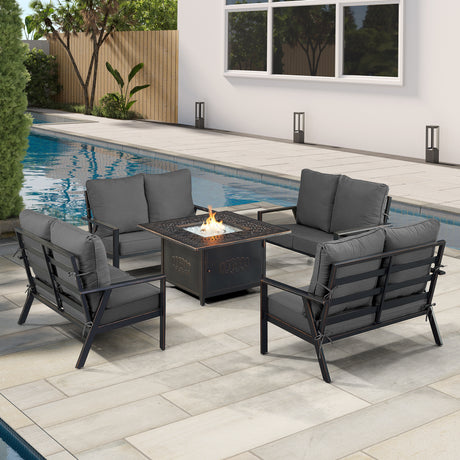 Black Aluminum Fire Table Set with Four Deep Seating Loveseat with Cushions - Sharicks