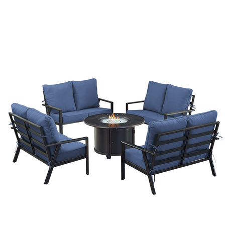 Black Aluminum Fire Table Set with Four Deep Seating Loveseat with Cushions - Sharicks