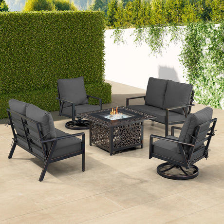 Black Aluminum Fire Table Set with Two Deep Seating Loveseat with Cushions and Two Club Chairs - Sharicks