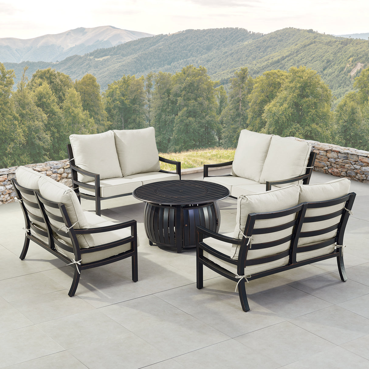 Black Aluminum Fire Table Set with Four Deep Seating Loveseats