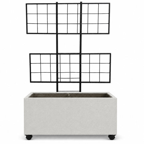 Wide Smooth Polystone Rectangular Planter with Steel Trellis and Wheels, White