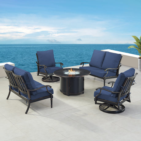 Black Aluminum Fire Table Set with Two Loveseats and Two Club Chairs - Sharicks