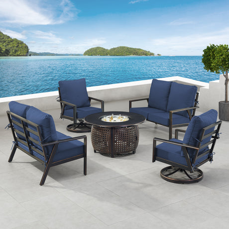 Black Aluminum Fire Table Set with Two Deep Seating Loveseat with Cushions and Two Club Chairs - Sharicks