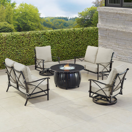 Black Aluminum Fire Table Set with Two Deep Seating Loveseat with Cushions and Two Club Chairs - Sharicks