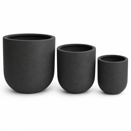 Set of 3 Round Cylinder Polystone Indoor/Outdoor Planters, Black