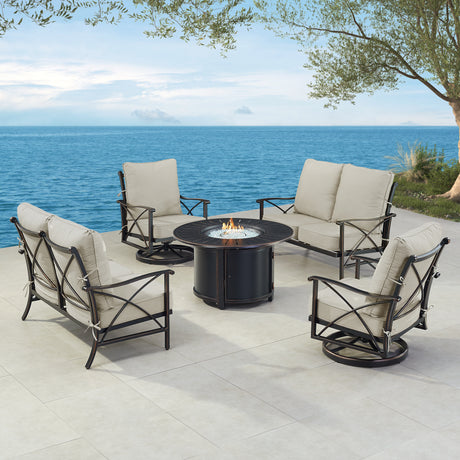 Black Aluminum Fire Table Set with Two Deep Seating Loveseat with Cushions and Two Club Chairs - Sharicks