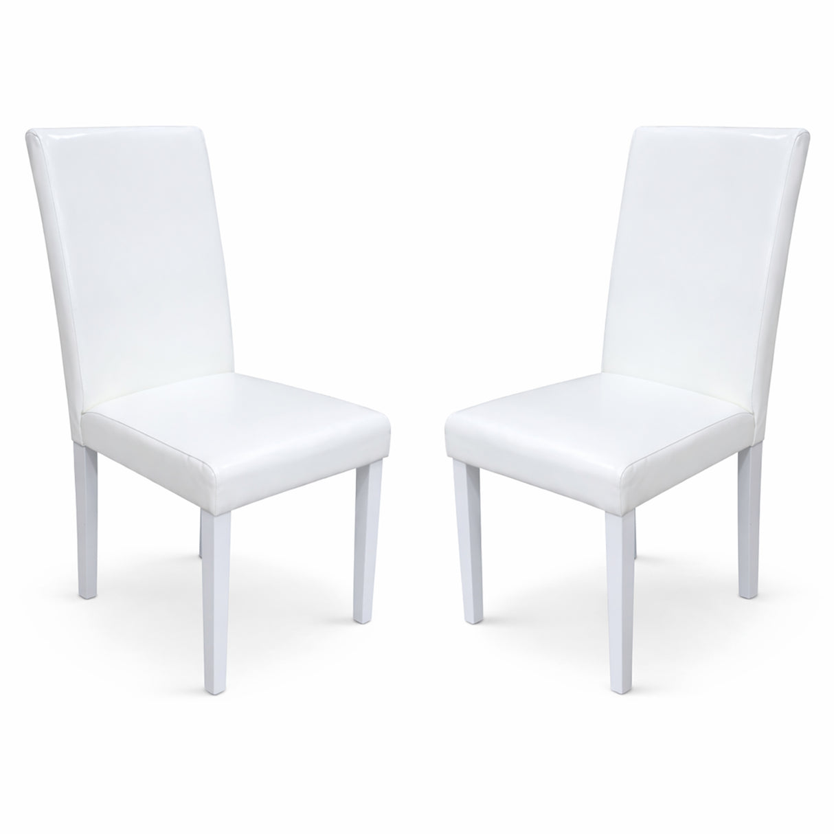 Modern Dining Chairs, Set of 2, White Finish with White PU Leather Upholstered Seats Solid Rubberwood