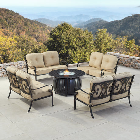 Black Aluminum Fire Table Set with Four Deep Seating Loveseat with Cushions - Sharicks