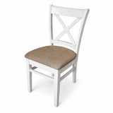 Farmhouse Dining Chairs, Set of 2, White Finish with Brown Polyester Upholstered Seats Solid Rubberwood