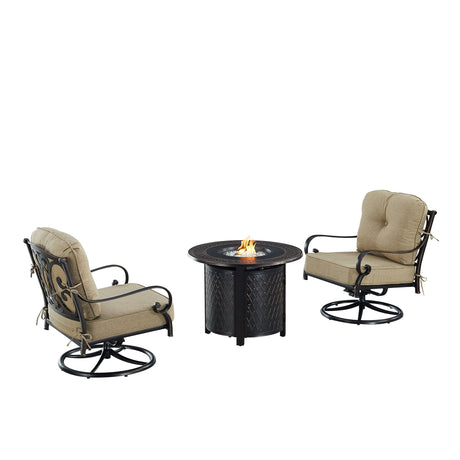 Black Aluminum Fire Table Bistro Set with Two Club Chairs