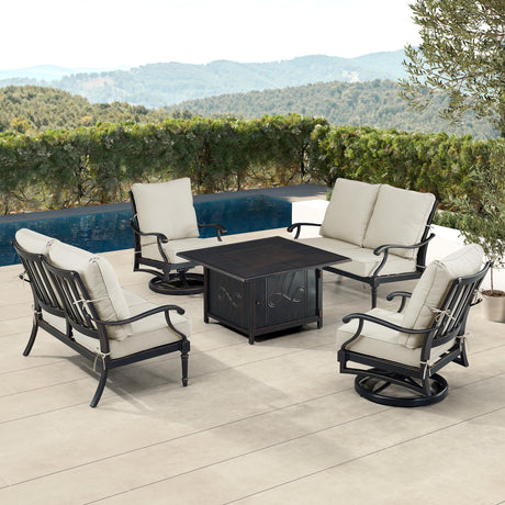 Black Aluminum Fire Table Set with Two Loveseats and Two Club Chairs - Sharicks