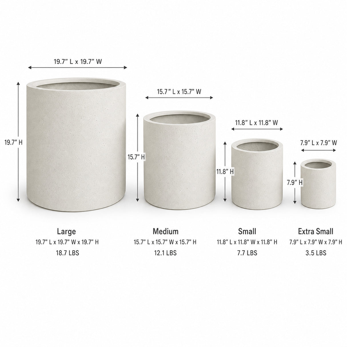 Set of 4 Round Cylinder Polystone Indoor/Outdoor Planters, White