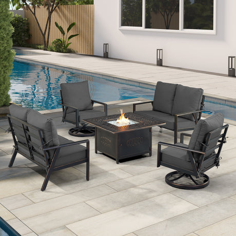 Black Aluminum Fire Table Set with Two Deep Seating Loveseat with Cushions and Two Club Chairs - Sharicks