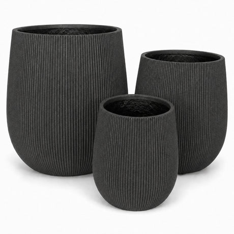 Set of 3 Fluted Round Polystone Indoor/Outdoor Planters, Black