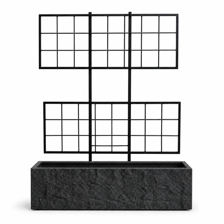 Rock Texture Rectangular Polystone Planter with Steel Trellis, Black