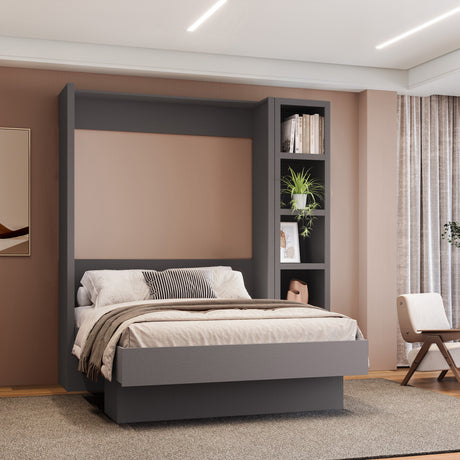 Easy-Lift Full Murphy Wall Bed in Dark Grey with Bookshelf - Sharicks