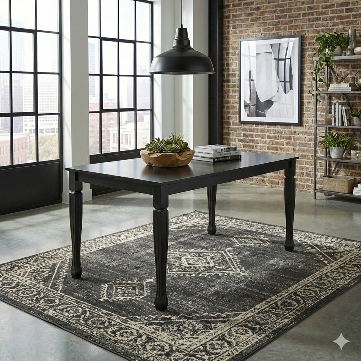 Traditional 6-Piece 63 Inch Rectangular Dining Set, Black Finish with Grey Polyester Upholstered Seating, Solid Rubberwood