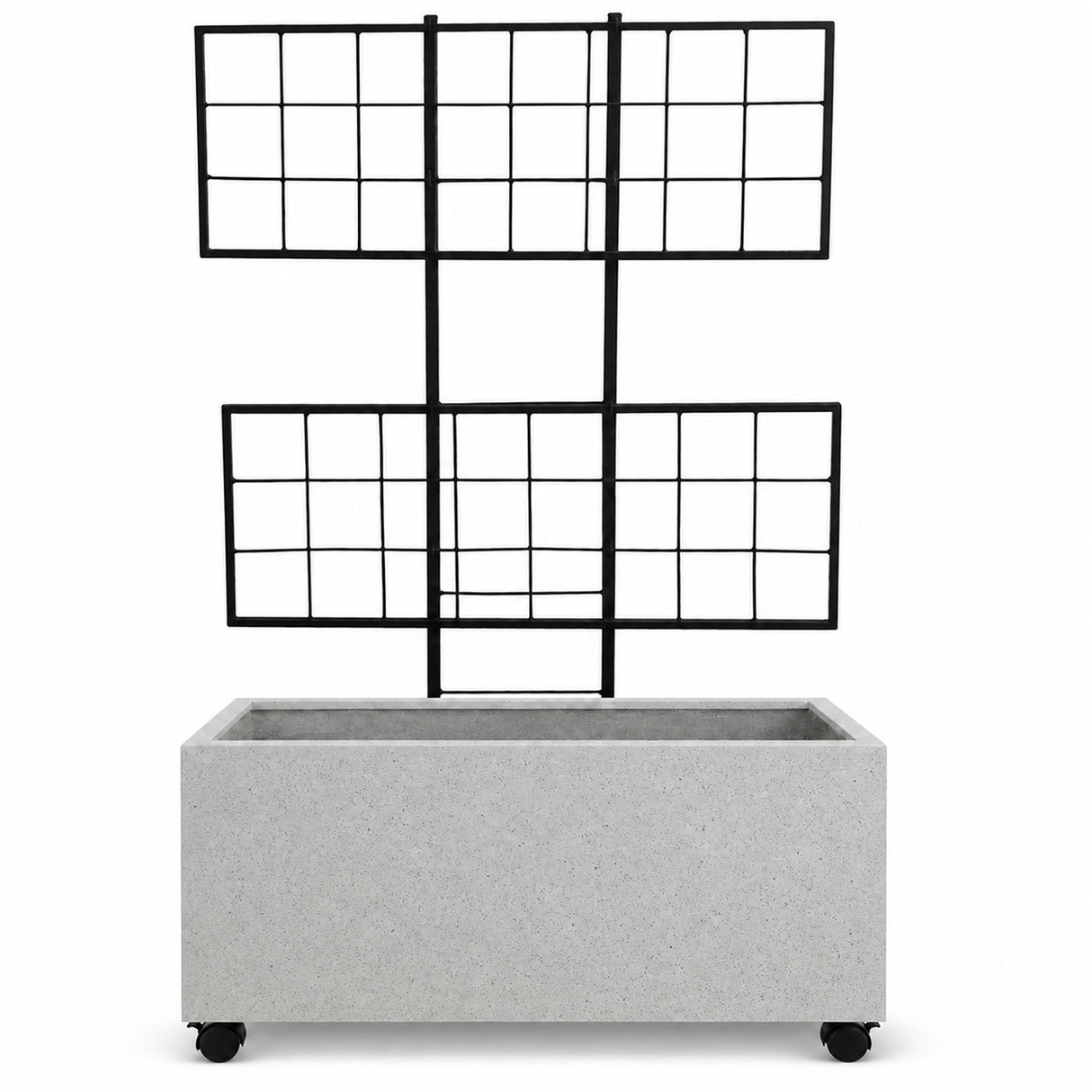 Smooth Rectangular Polystone Planter with Steel Trellis and Wheels, Gray