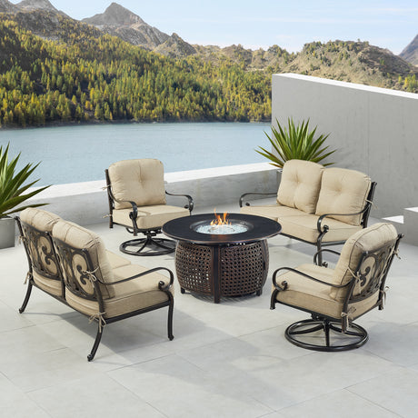 Black Aluminum Fire Table Set with Two Deep Seating Loveseat with Cushions and Two Club Chairs - Sharicks