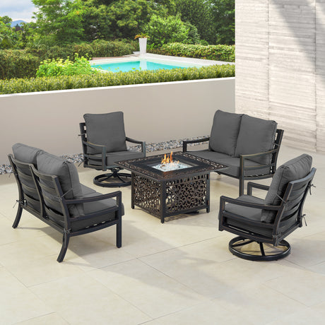 Black Aluminum Fire Table Set with Two Loveseats and Two Club Chairs - Sharicks