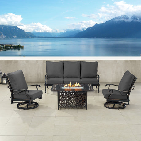 Black Aluminum Fire Table Set with Sofa and Two Club Chairs - Sharicks