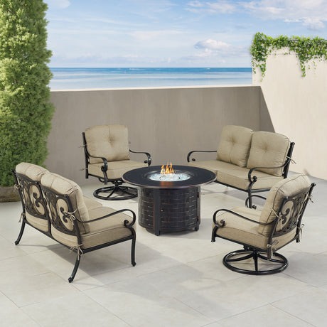 Black Aluminum Fire Table Set with Two Deep Seating Loveseat with Cushions and Two Club Chairs - Sharicks