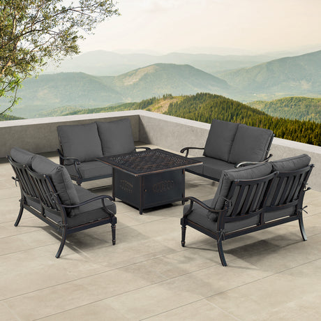 Black Aluminum Fire Table Set with Four Deep Seating Loveseats - Sharicks