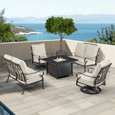 Black Aluminum Fire Table Set with Two Loveseats and Two Club Chairs - Sharicks