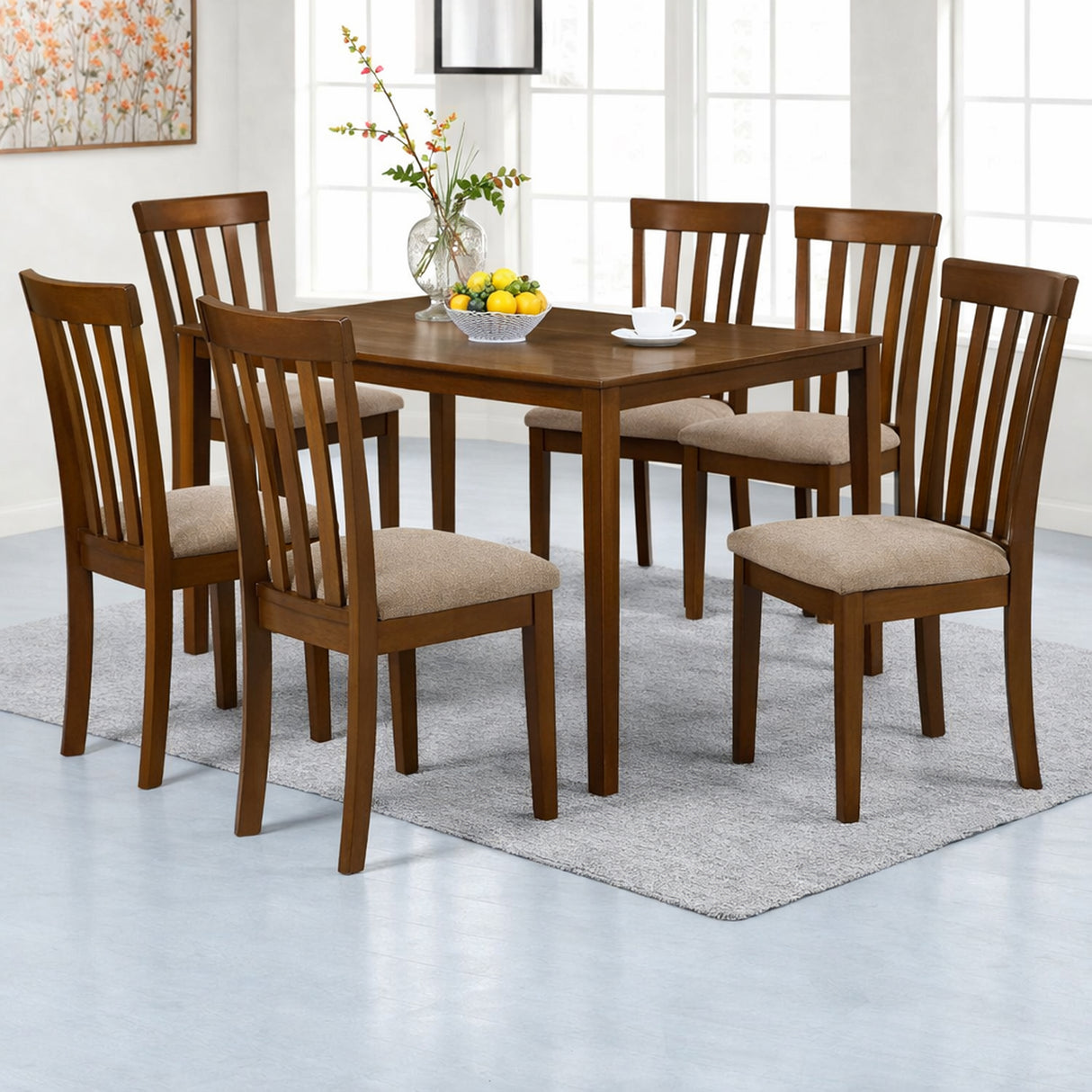 Modern 7-Piece 59 Inch Rectangular Dining Set, Dirty Oak Finish with Dark Beige Polyester Upholstered Chairs, Solid Rubberwood