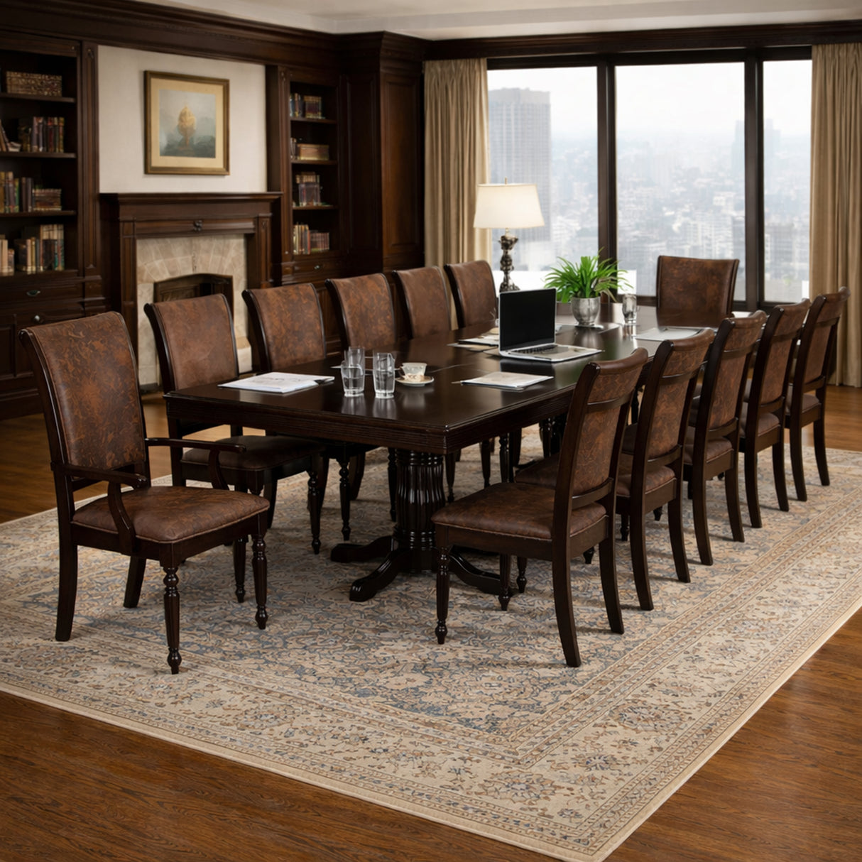 Traditional 13-Piece 118 Inch Extendable Rectangular Dining Set, Expresso Finish with Dark Brown PU Leather Upholstered Chairs, Solid Rubberwood