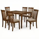 Modern 7-Piece 59 Inch Rectangular Dining Set, Dirty Oak Finish with Dark Beige Polyester Upholstered Chairs, Solid Rubberwood