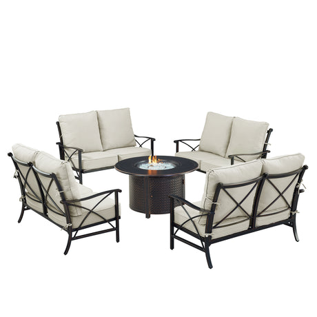 Black Aluminum Fire Table Set with Four Deep Seating Loveseat with Cushions - Sharicks