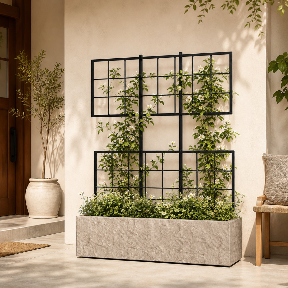 Rock Texture Rectangular Polystone Planter with Steel Trellis, Sand
