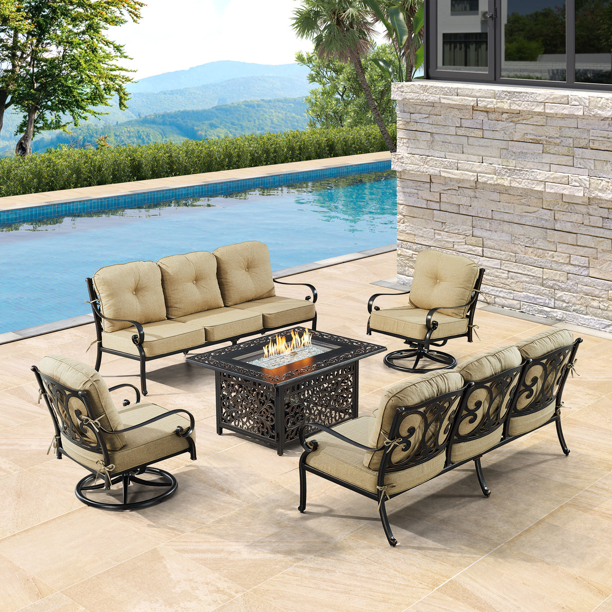 Black Aluminum Fire Table Set with Two Deep Seating Sofa with Cushions and Two Club Chairs