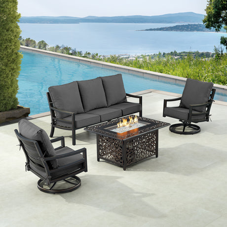 Black Aluminum Fire Table Set with Sofa and Two Club Chairs - Sharicks