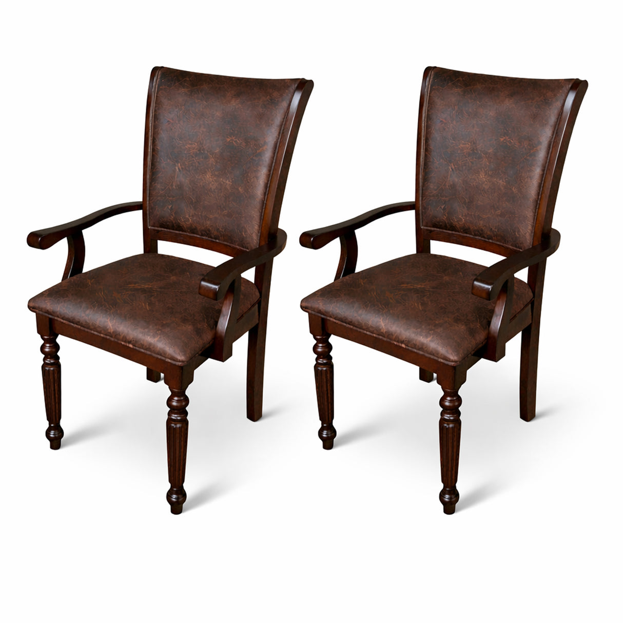 Traditional Dining Arm Chairs, Set of 2, Expresso Finish with Dark Brown PU Leather Upholstered Seats Solid Rubberwood