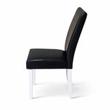Modern Dining Chairs, Set of 2, White Finish with Black PU Leather Upholstered Seats Solid Rubberwood