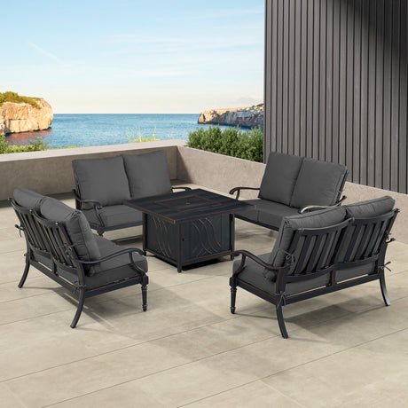 Black Aluminum Fire Table Set with Four Deep Seating Loveseats - Sharicks