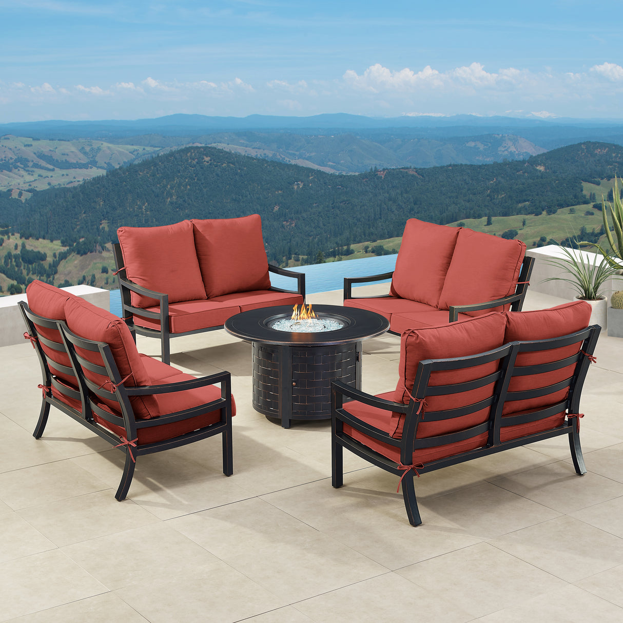 Black Aluminum Fire Table Set with Four Deep Seating Loveseats