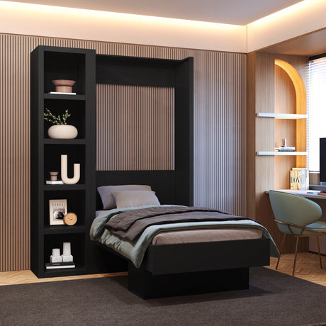 Easy-Lift Twin Murphy Wall Bed in Black with Bookshelf - Sharicks