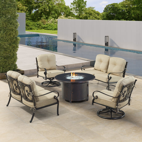 Black Aluminum Fire Table Set with Two Deep Seating Loveseat with Cushions and Two Club Chairs - Sharicks